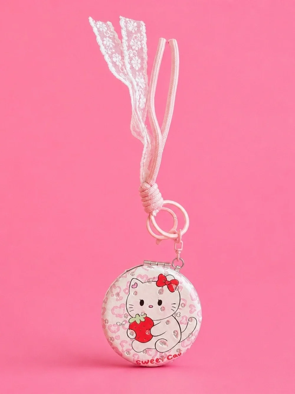 NWOT Sanrio Style Strawberry Kitty Pocket Mirror Keychain Lace & Rhinestone